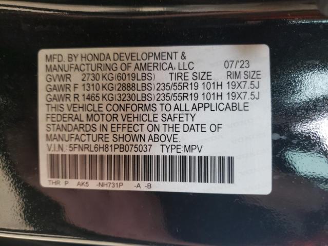 5FNRL6H81PB075037 - 2023 HONDA ODYSSEY TOURING BLACK photo 13