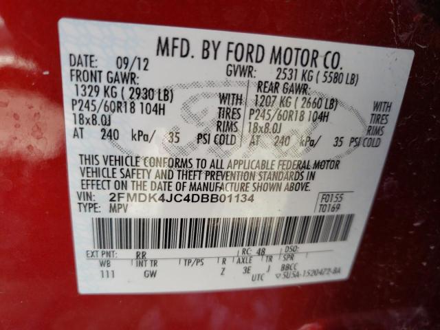 2FMDK4JC4DBB01134 - 2013 FORD EDGE SEL MAROON photo 13