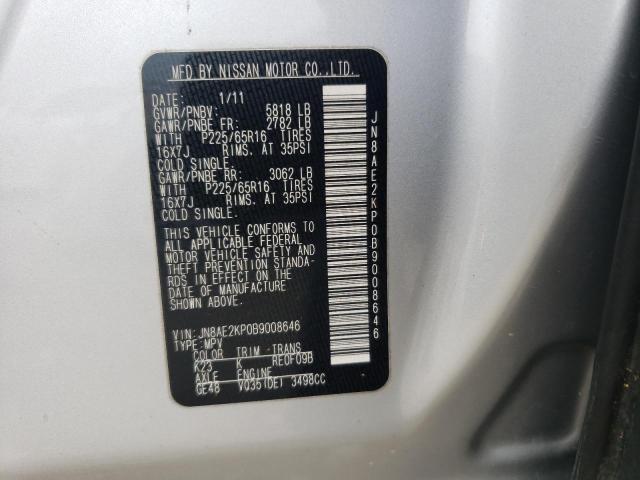 JN8AE2KP0B9008646 - 2011 NISSAN QUEST S SILVER photo 13