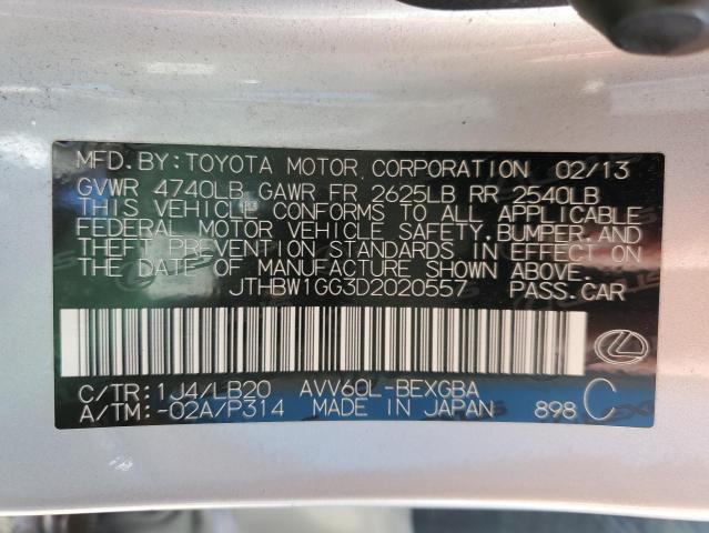 JTHBW1GG3D2020557 - 2013 LEXUS ES 300H SILVER photo 12