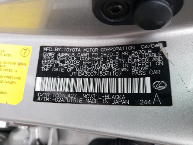 JTHBA30G745041107 - 2004 LEXUS ES 330 SILVER photo 12