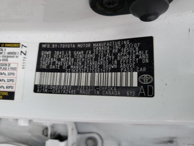 2T1KR32EX7C661477 - 2007 TOYOTA COROLLA MA XR WHITE photo 12