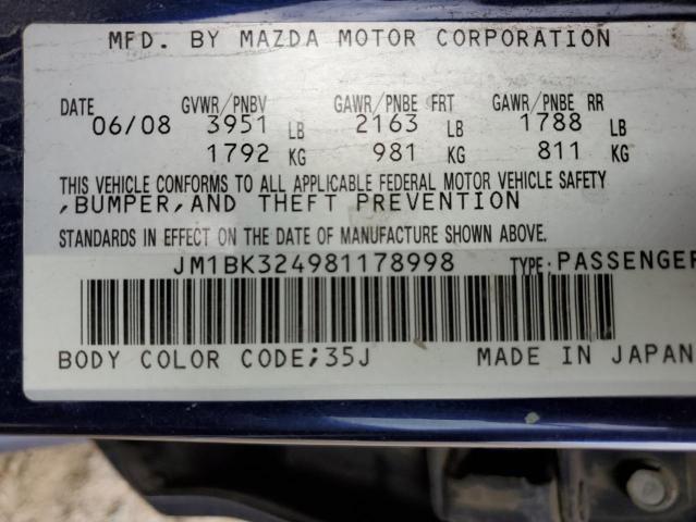 JM1BK324981178998 - 2008 MAZDA MAZDA3 S BLUE photo 12