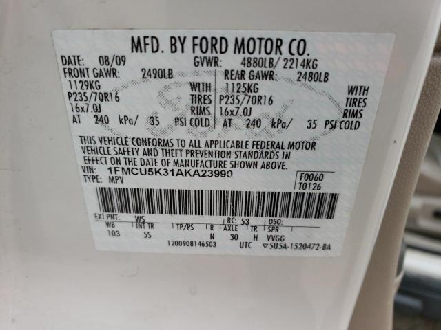 1FMCU5K31AKA23990 - 2010 FORD ESCAPE HYBRID WHITE photo 12