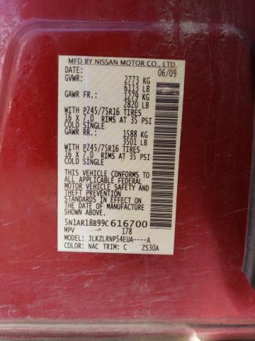 5N1AR18B99C616700 - 2009 NISSAN PATHFINDER S 红色 照片 12