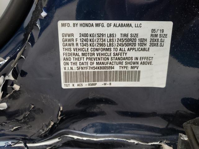 5FNYF7H54KB005894 - 2019 HONDA PASSPORT EXL BLUE photo 13