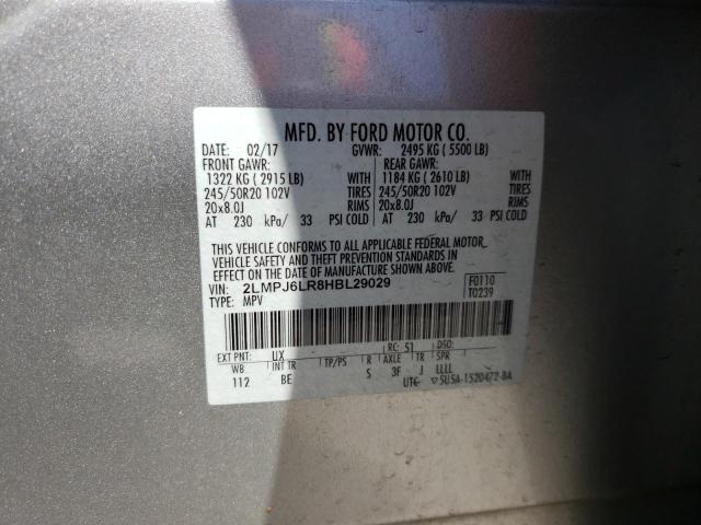 2LMPJ6LR8HBL29029 - 2017 LINCOLN MKX RESERVE Արծաթագույն լուսանկար 10