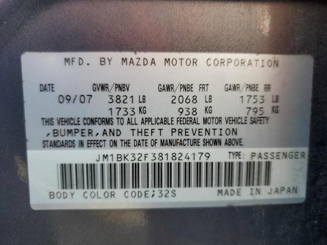 JM1BK32F381824179 - 2008 MAZDA 3 I GRAY photo 12