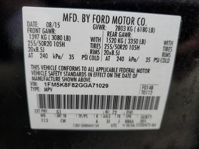 1FM5K8F82GGA71029 - 2016 FORD EXPLORER LIMITED BLACK photo 13