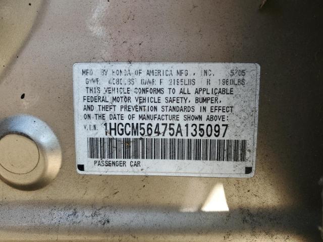 1HGCM56475A135097 - 2005 HONDA ACCORD LX GOLD photo 12