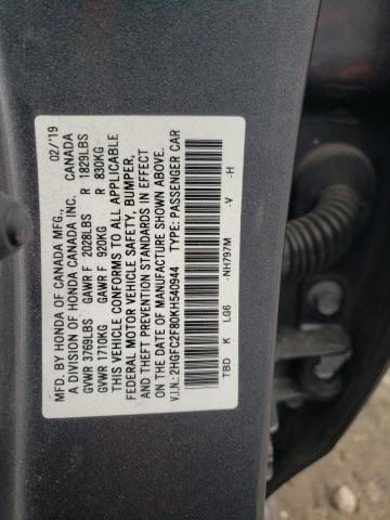 2HGFC2F80KH540944 - 2019 HONDA CIVIC SPORT GRAY photo 13