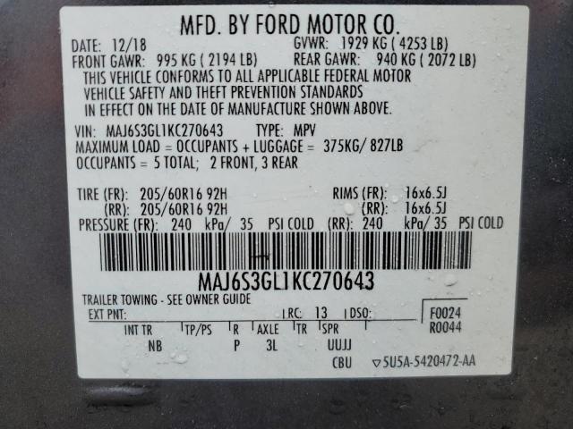 MAJ6S3GL1KC270643 - 2019 FORD ECOSPORT SE GRAY photo 13