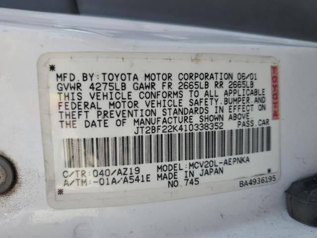 JT2BF22K410338352 - 2001 TOYOTA CAMRY CE WHITE photo 12