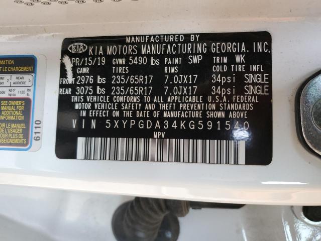 5XYPGDA34KG591540 - 2019 KIA SORENTO L WHITE photo 13