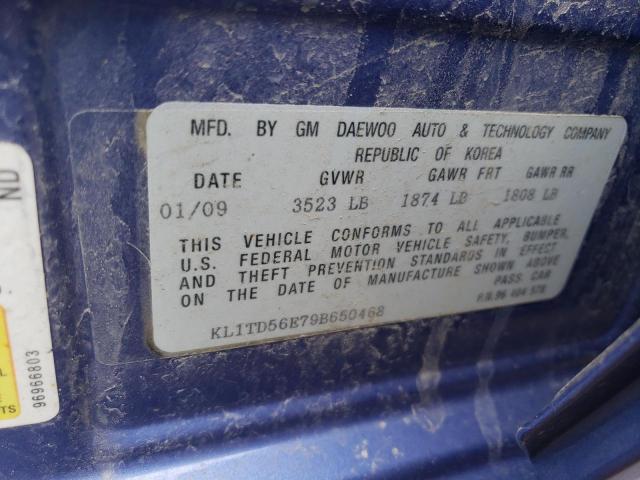 KL1TD56E79B650468 - 2009 CHEVROLET AVEO LS 蓝色 照片 12