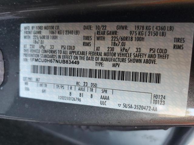 1FMCU0H67NUB83449 - 2022 FORD ESCAPE SEL GRAY photo 14