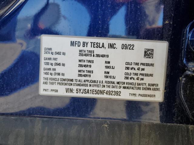 5YJSA1E50NF492392 - 2022 TESLA MODEL S ლურჯი ფოტო 13
