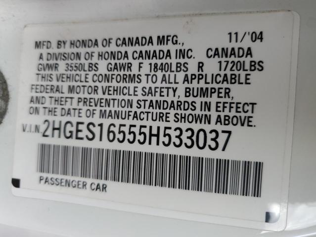 2HGES16555H533037 - 2005 HONDA CIVIC LX WHITE photo 12