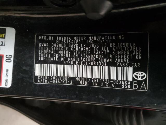 5YFBURHE6EP061304 - 2014 TOYOTA COROLLA L BLACK photo 12