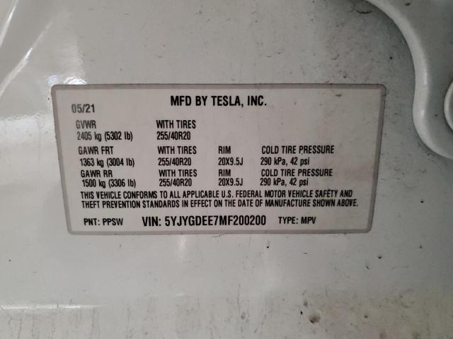 5YJYGDEE7MF200200 - 2021 TESLA MODEL Y WHITE photo 12