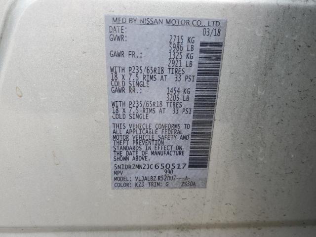 5N1DR2MN2JC650517 - 2018 NISSAN PATHFINDER S 银色 照片 12