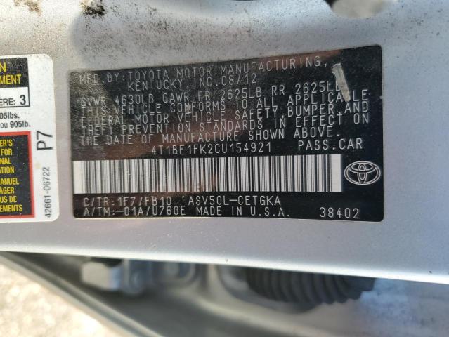 4T1BF1FK2CU154921 - 2012 TOYOTA CAMRY BASE SILVER photo 12