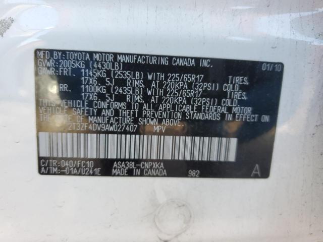 2T3ZF4DV9AW027407 - 2010 TOYOTA RAV4 WHITE photo 12