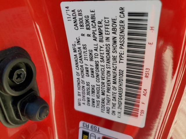 2HGFG4A55FH701002 - 2015 HONDA CIVIC SI RED photo 12