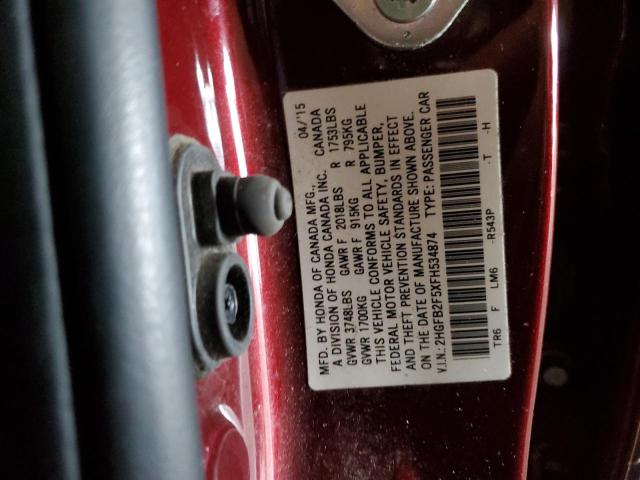 2HGFB2F5XFH534874 - 2015 HONDA CIVIC LX BURGUNDY photo 12