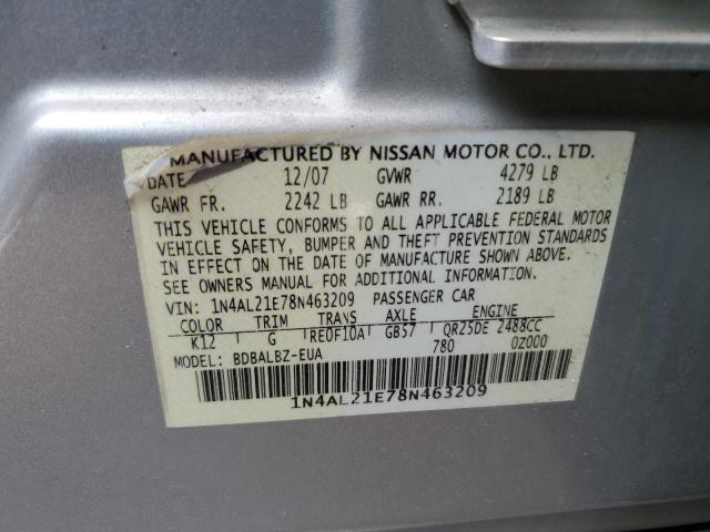 1N4AL21E78N463209 - 2008 NISSAN ALTIMA 2.5 SILVER photo 12