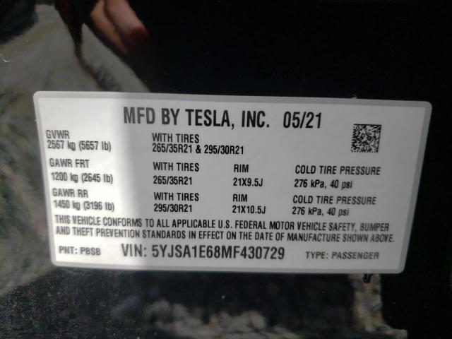 5YJSA1E68MF430729 - 2021 TESLA MODEL S Schwarz Foto 10