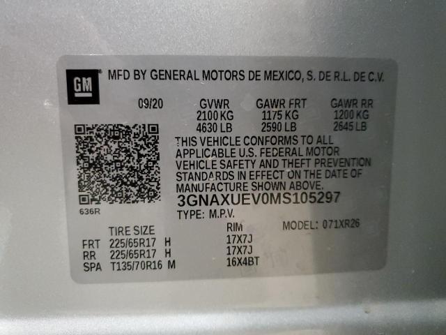 3GNAXUEV0MS105297 - 2021 CHEVROLET EQUINOX LT SILVER photo 12