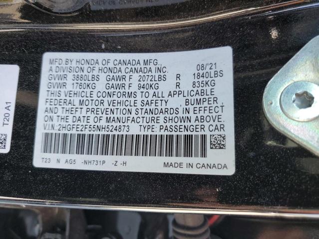 2HGFE2F55NH524873 - 2022 HONDA CIVIC SPORT 黑色 照片 12