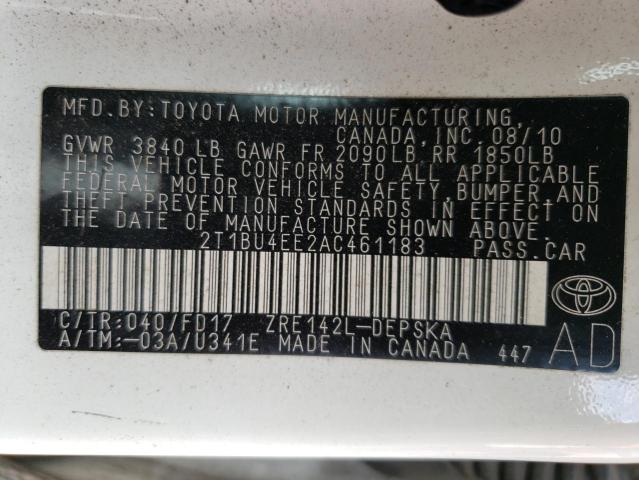 2T1BU4EE2AC461183 - 2010 TOYOTA COROLLA BASE WHITE photo 12