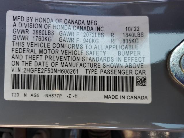 2HGFE2F50NH608261 - 2022 HONDA CIVIC SPORT GRAY photo 13