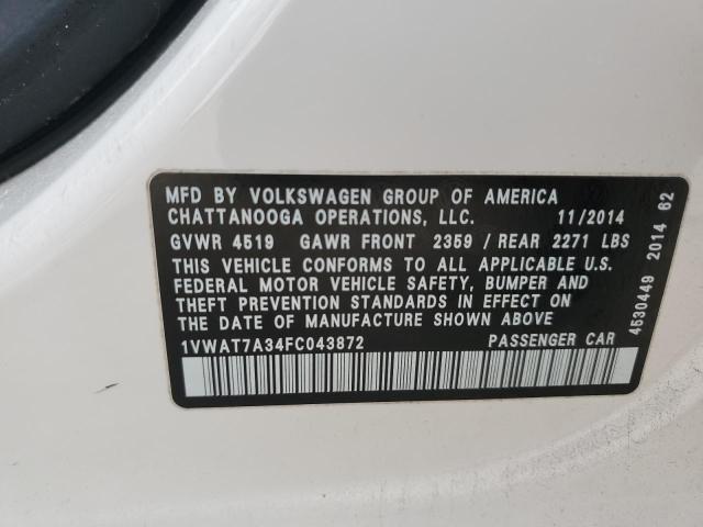 1VWAT7A34FC043872 - 2015 VOLKSWAGEN PASSAT S WHITE photo 12