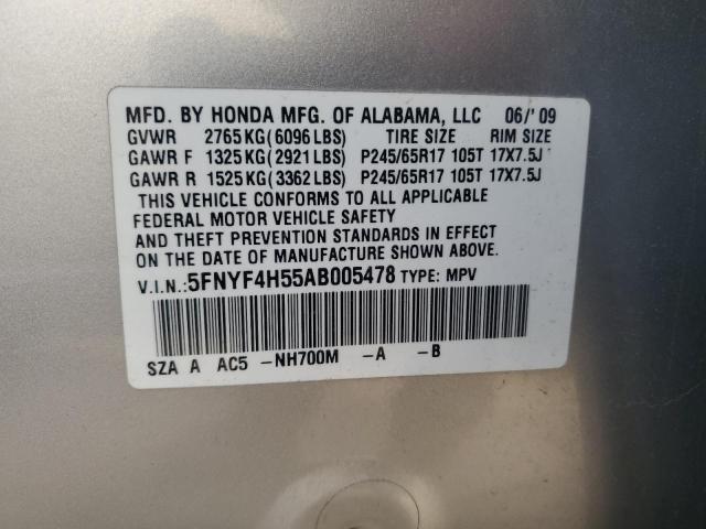 5FNYF4H55AB005478 - 2010 HONDA PILOT EXL SILVER photo 13