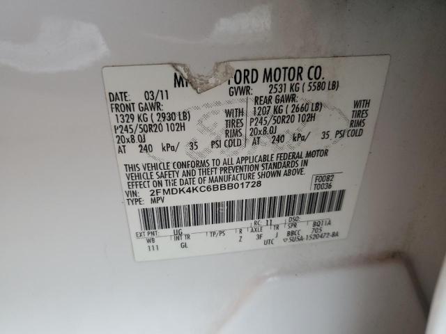 2FMDK4KC6BBB01728 - 2011 FORD EDGE LIMITED WHITE photo 12