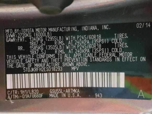 5TDJKRFH2ES018293 - 2014 TOYOTA HIGHLANDER XLE 灰色 照片 13