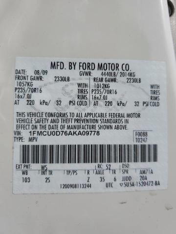 1FMCU0D76AKA09778 - 2010 FORD ESCAPE XLT WHITE photo 13