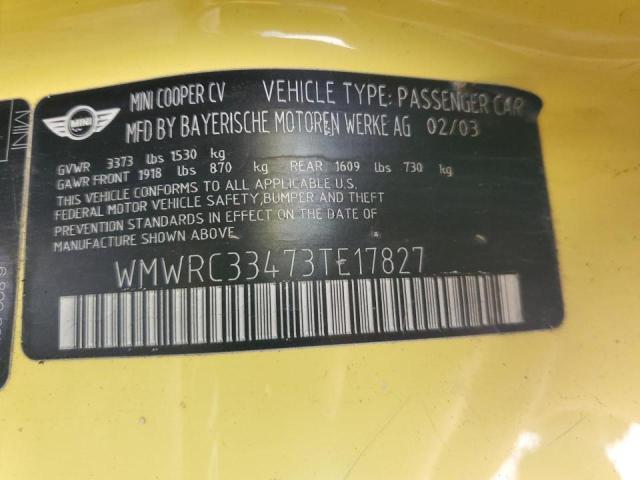 WMWRC33473TE17827 - 2003 MINI COOPER YELLOW photo 12