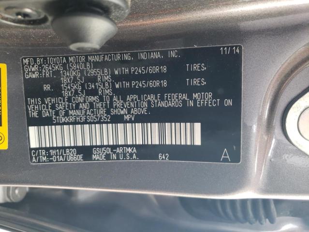 5TDKKRFH3FS057352 - 2015 TOYOTA HIGHLANDER XLE GRAY photo 13