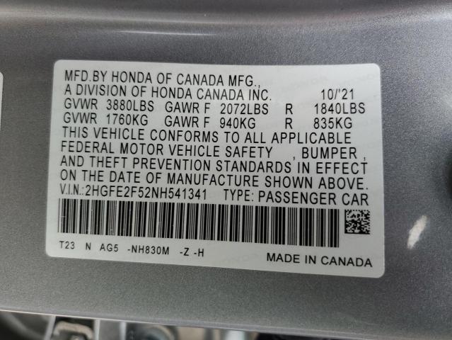 2HGFE2F52NH541341 - 2022 HONDA CIVIC SPORT 银色 照片 12