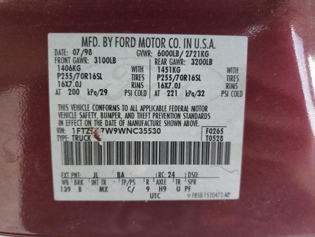 1FTZX17W9WNC35530 - 1998 FORD F150 BURGUNDY photo 12