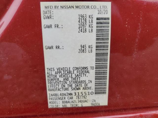 1N4BL4DV2MN315510 - 2021 NISSAN ALTIMA SV RED photo 12