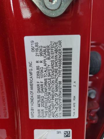 1HGCV1F37KA127168 - 2019 HONDA ACCORD SPORT Красный фото 12