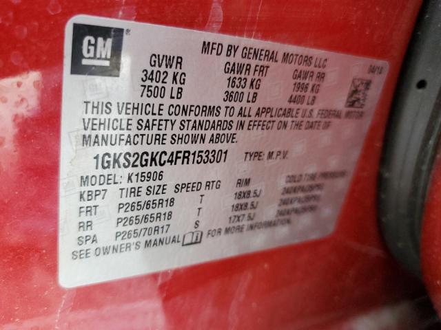 1GKS2GKC4FR153301 - 2015 GMC YUKON XL K1500 SLE RED photo 12