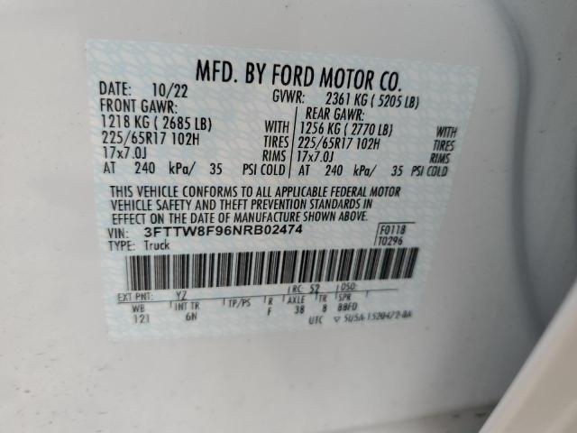 3FTTW8F96NRB02474 - 2022 FORD MAVERICK XL WHITE photo 12