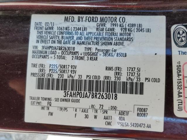 3FAHP0JA7BR263018 - 2011 FORD FUSION SEL BURGUNDY photo 12