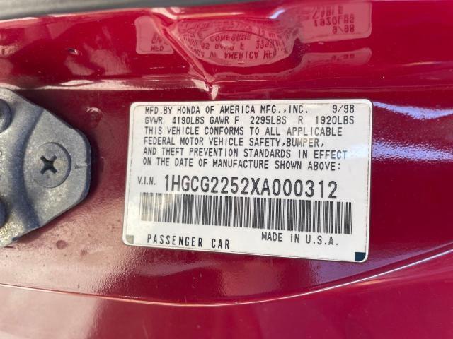 1HGCG2252XA000312 - 1999 HONDA ACCORD EX RED photo 10